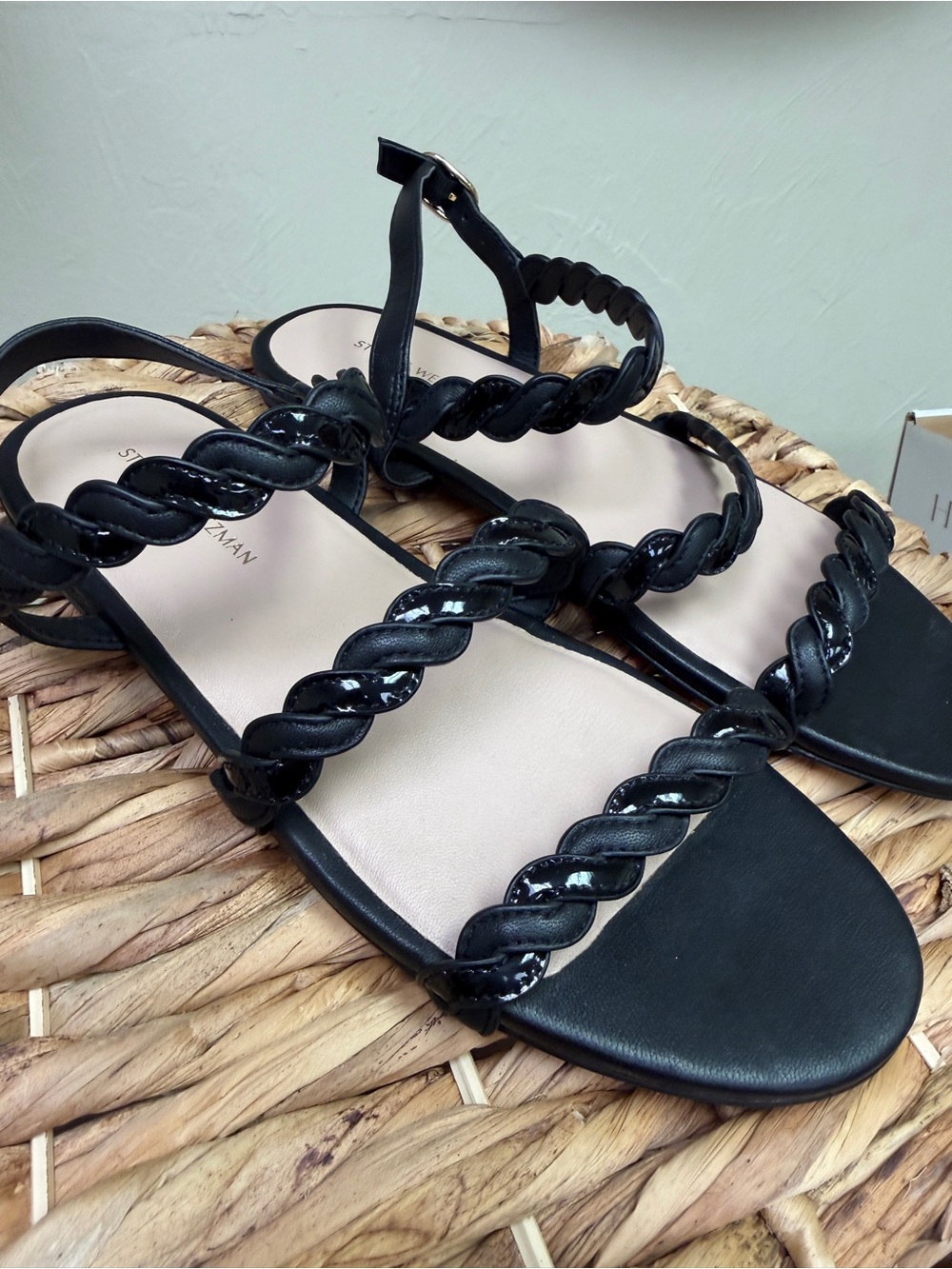 Stuart Weitzman Black Braided-strap Flat Sandals Twisttie 6 US NEW